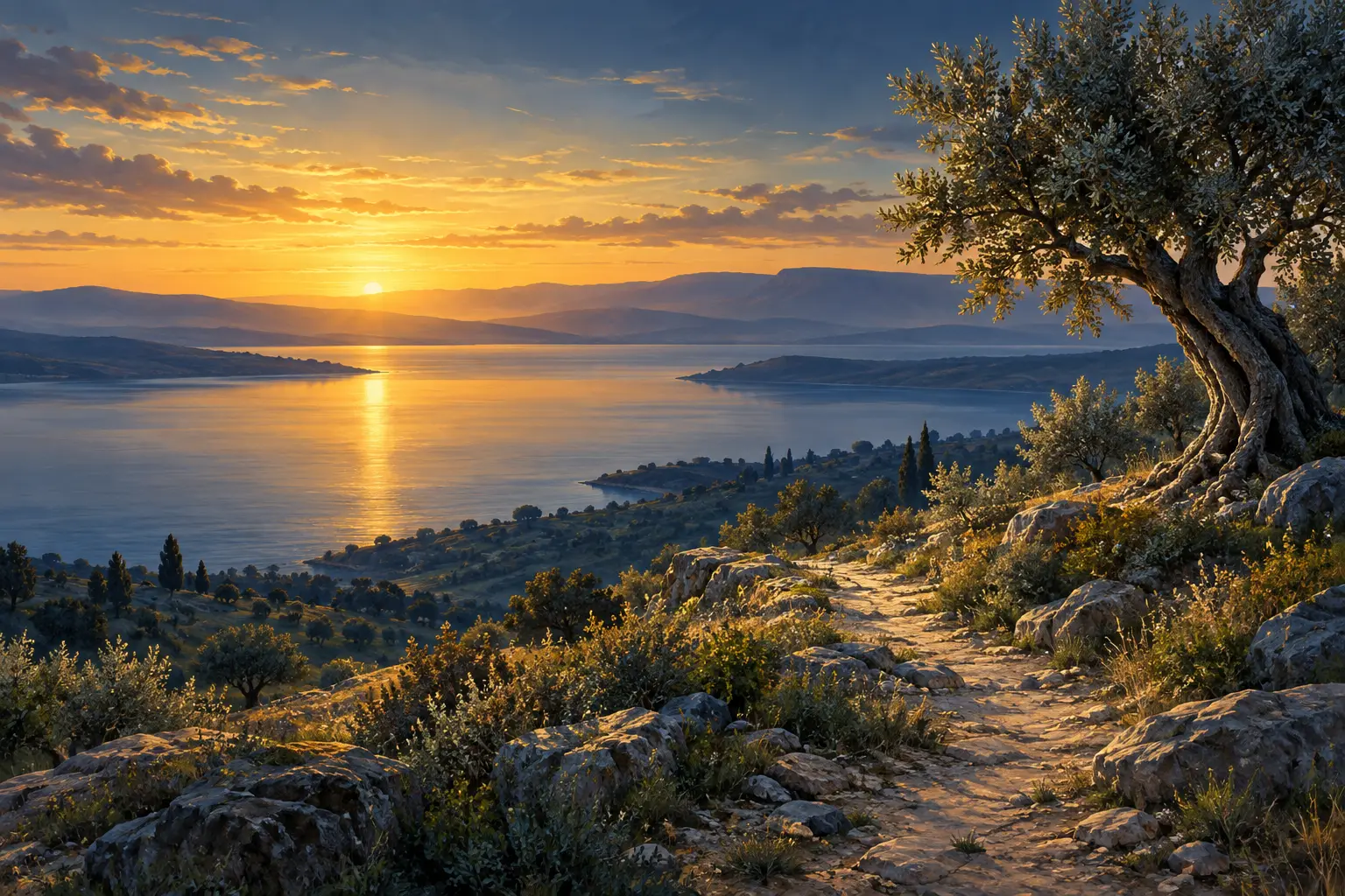 Un camino junto a un olivo y un lago iluminado por el amanecer